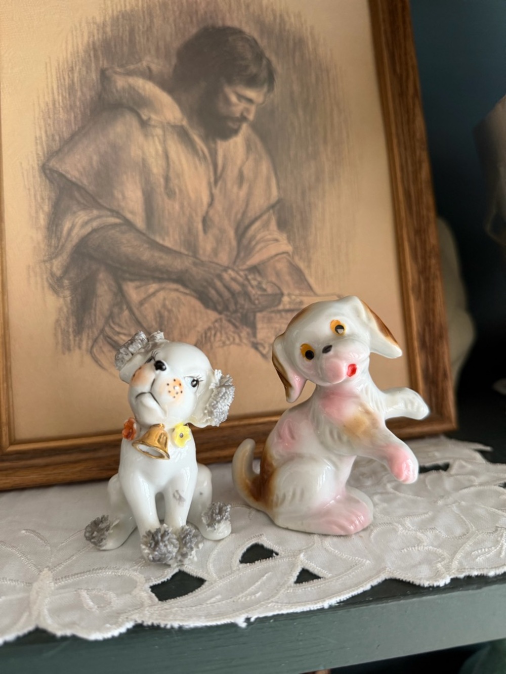 Vintage Ceramic Dog Figurines - White with Pink & Brown Accents